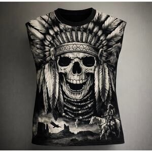 Y2K Native American Skull All Over Print Cut T-Shirt Size  M Black